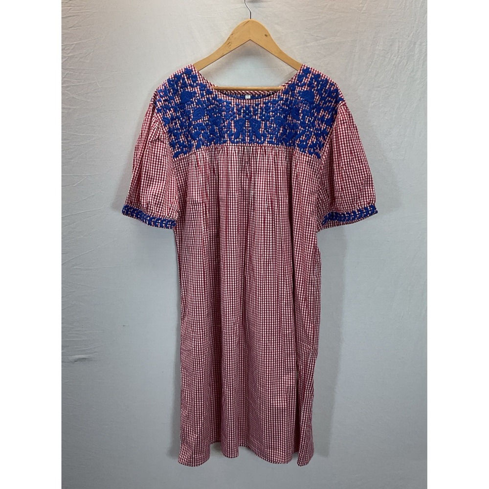 Mexican Gingham‎ Patio Flowers Floral Embroidery Kaftan Dress 3XL Spring Pockets